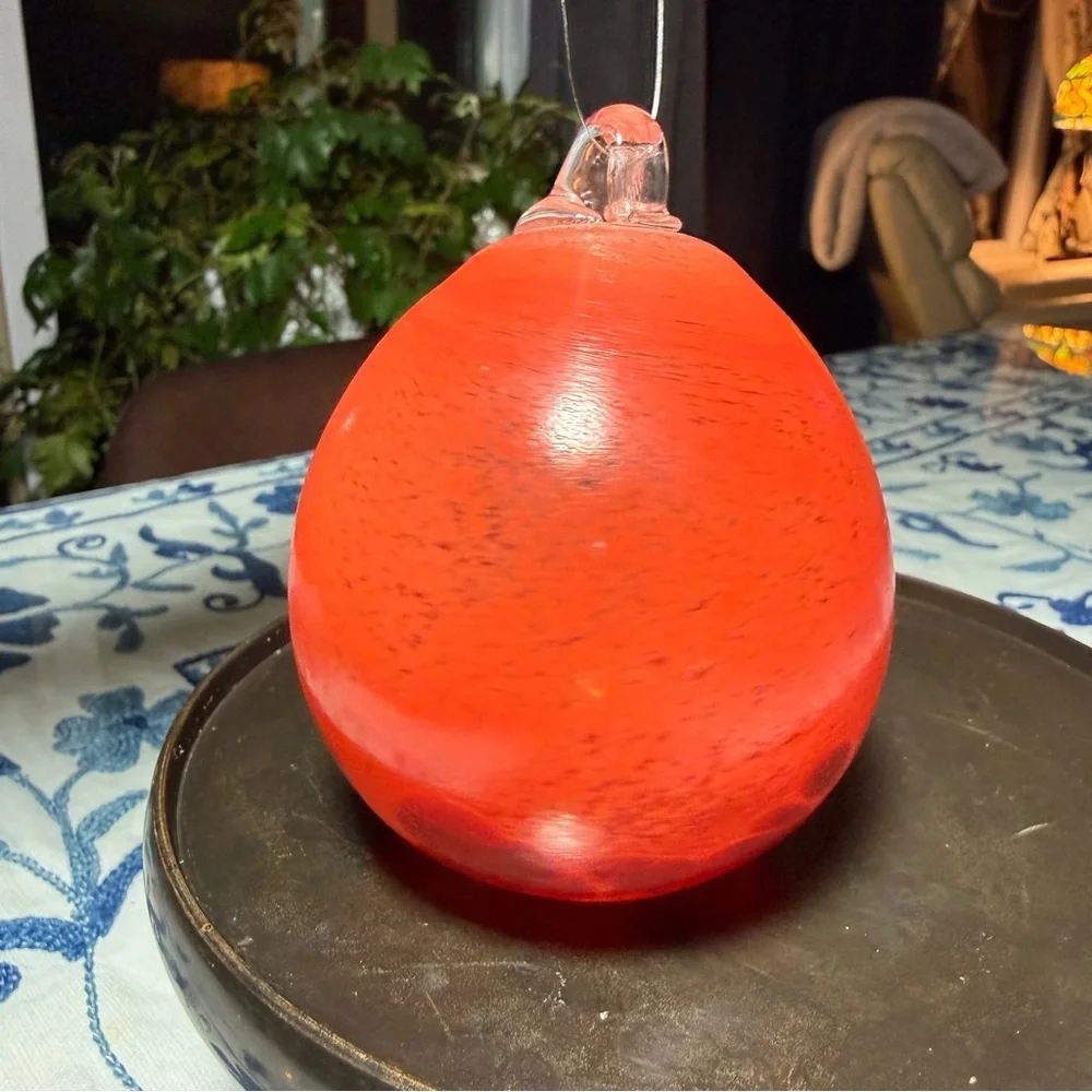 Hand Blown Art Glass Christmas Ornament Red Orange Swirl Speckled Ball Gift 9.5”